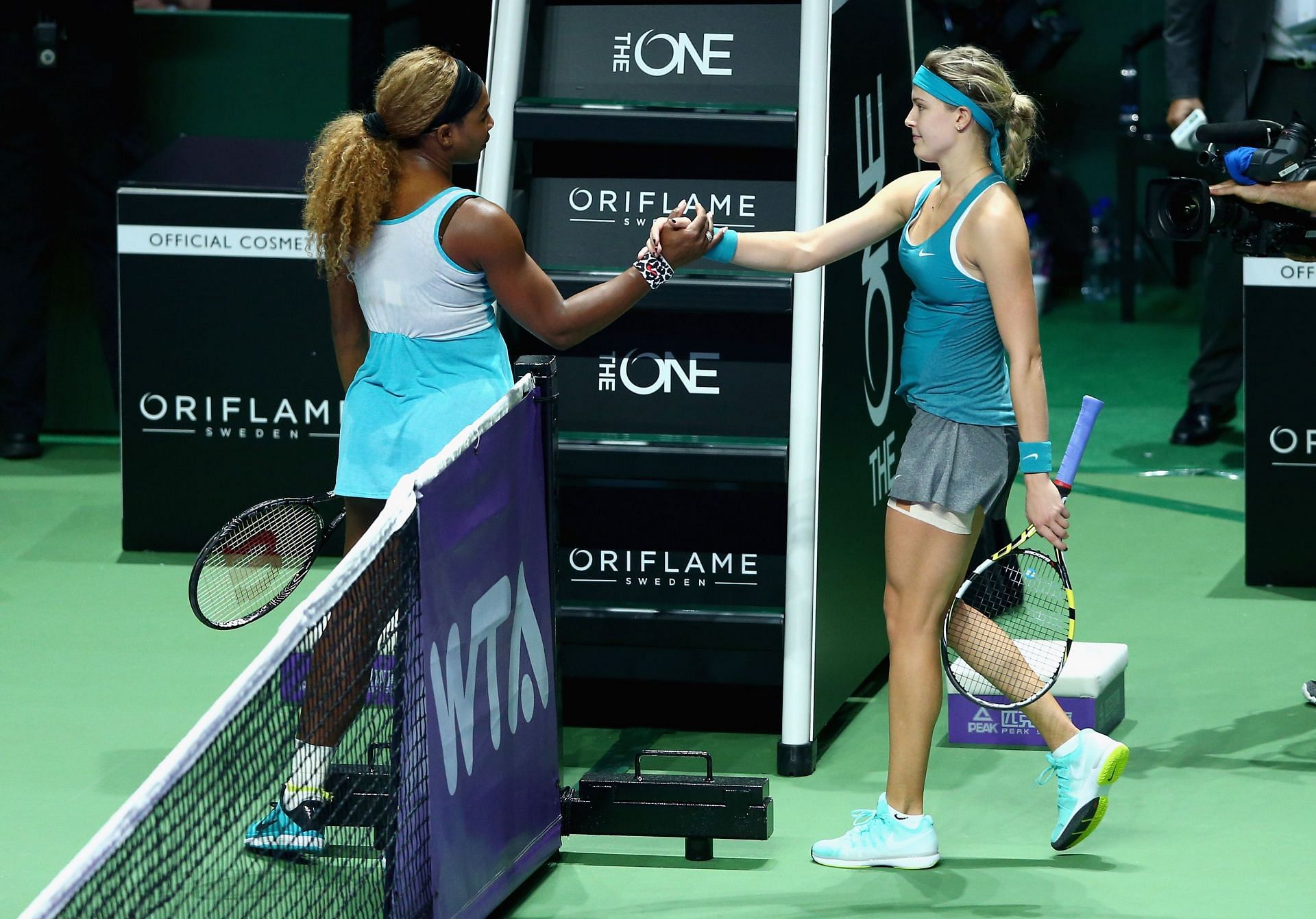 Serena Williams and Eugenie Bouchard at the WTA Finals 2014 - Source: Getty
